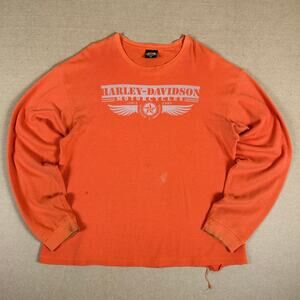 Vintage Harley Davidson Thrashed Orange Distressed Thermal Long Sleeve Shirt XL